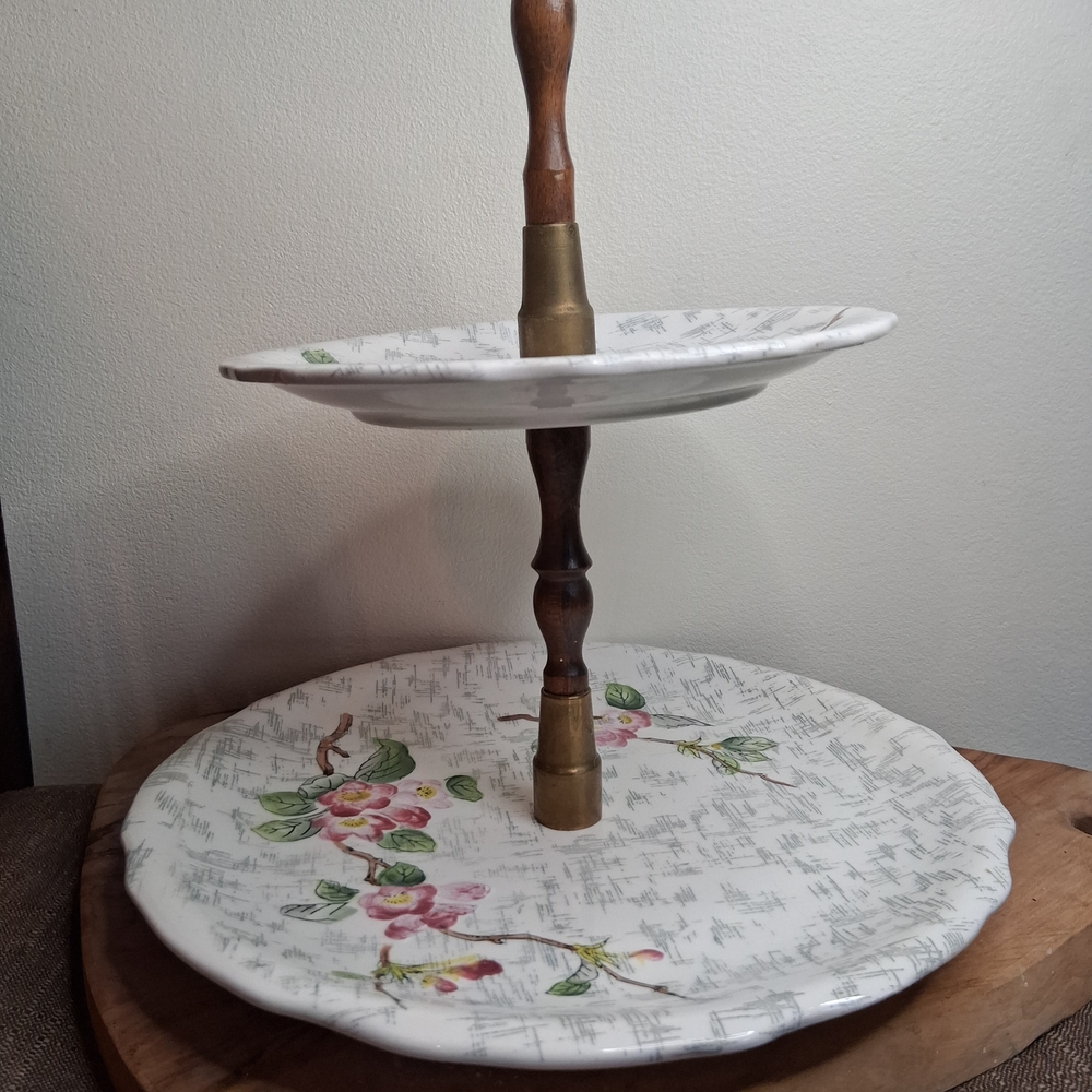 Vintage Napco 2 Tier Serving Tray Floral Hand Painted Japan Wood Spindle 3PD371